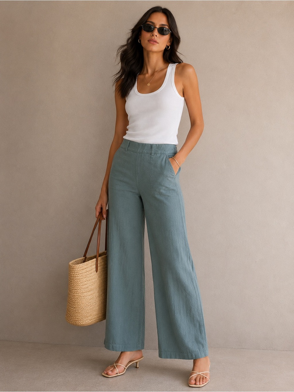 Rhythm Linen Blend Wide Leg High-Waist Pants in Sage Green